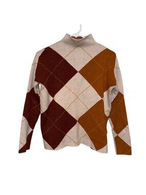 Rachel Zoe Argyle Mock Neck Sweater Women’s Small Beige Rust Brown Long Sleeve